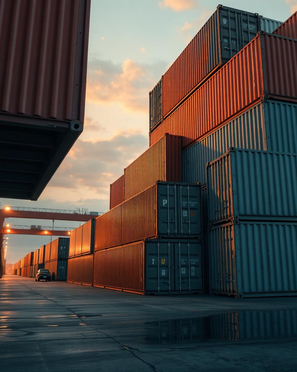 Stacked shipping containers in a freight yard at dawn